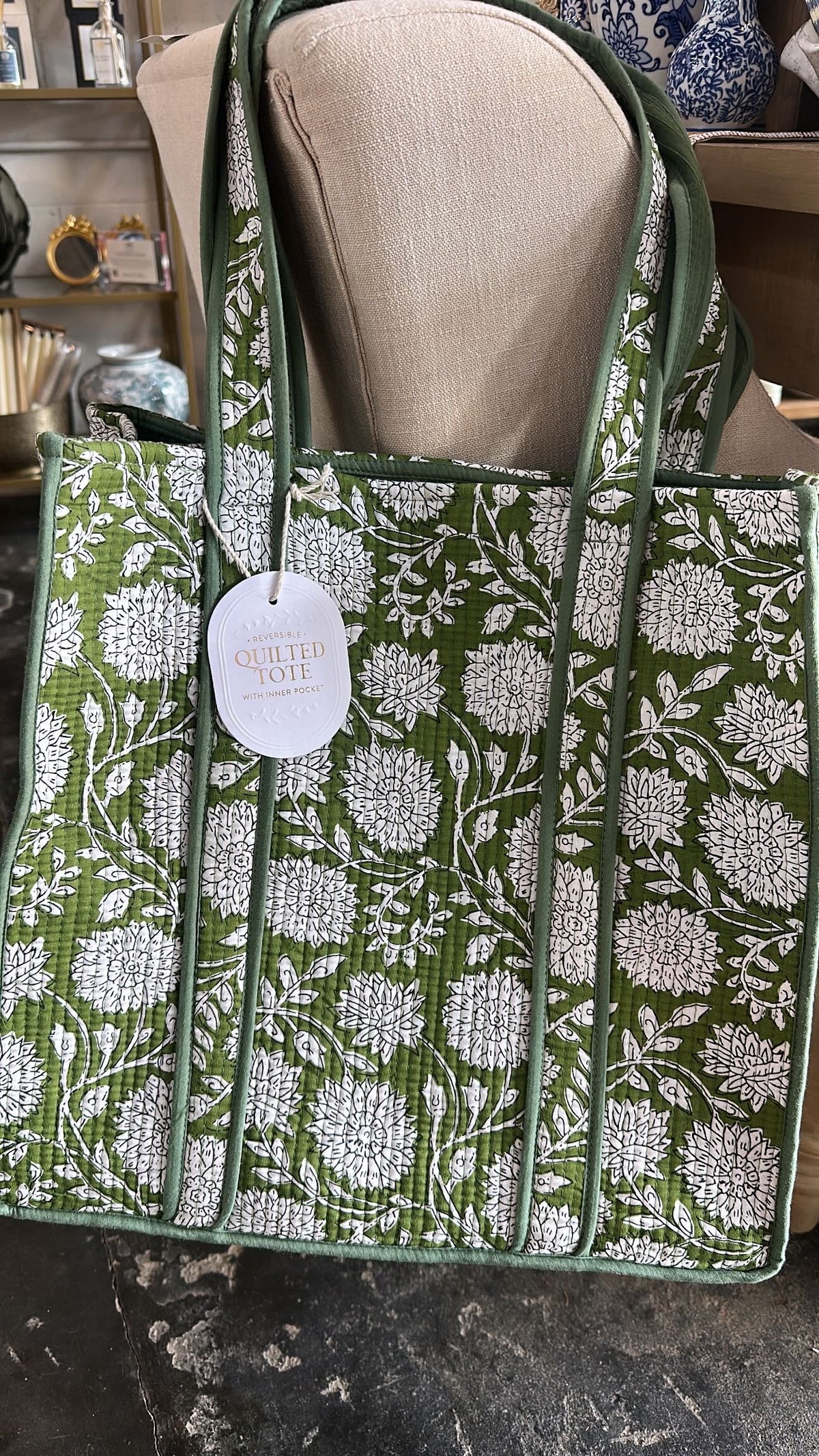 Green & White Quilted Tote