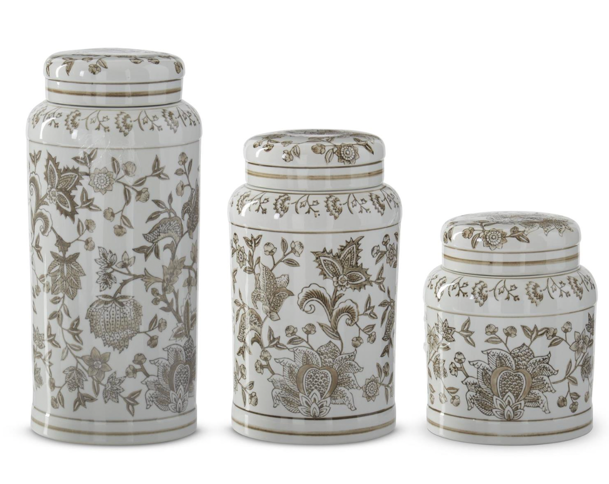 Taupe & White Porcelain Chinoiserie Lidded Jars