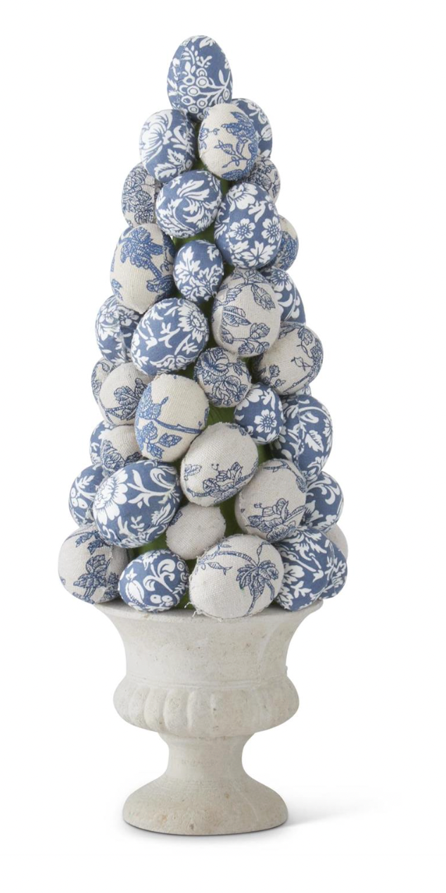 Blue & White Floral Fabric Egg Topiary 15"