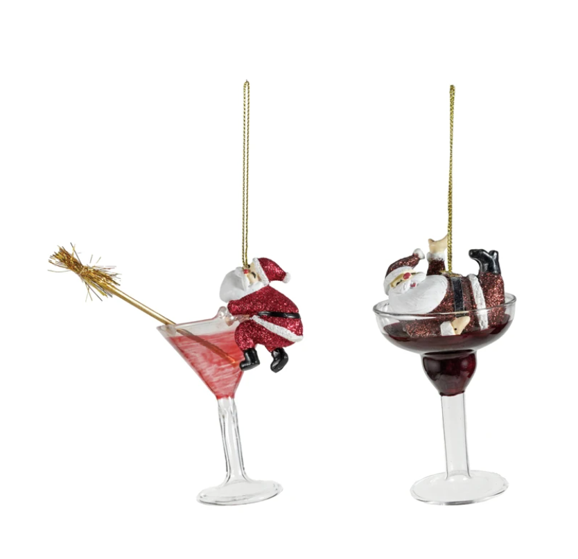 Glass Cocktail Ornament with Tipsy Santa