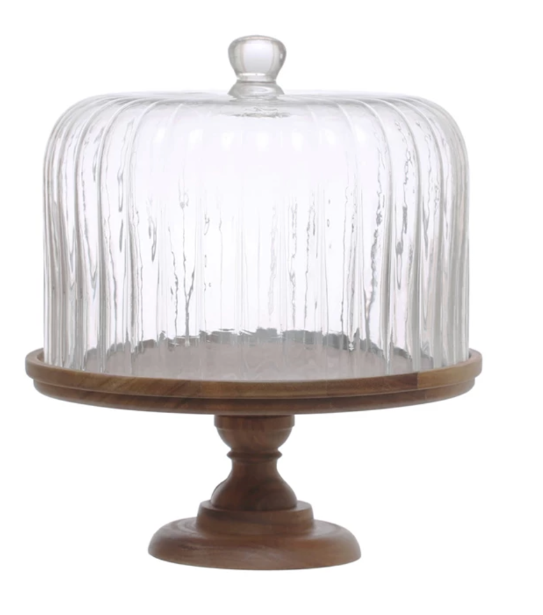 Acacia Wood Pedestal with Fluted Glass Cloche