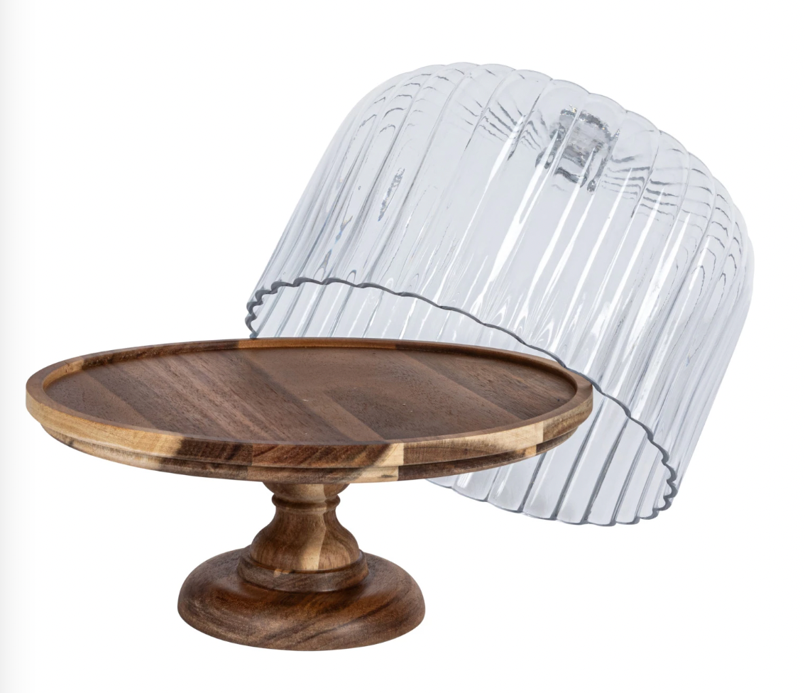 Acacia Wood Pedestal with Fluted Glass Cloche