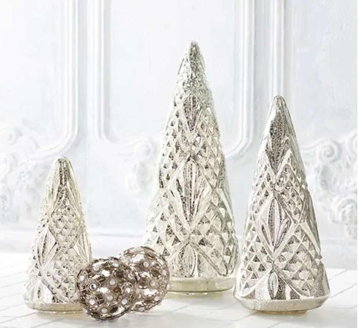 Embossed Silver Mercury LED Trees w/ Timers