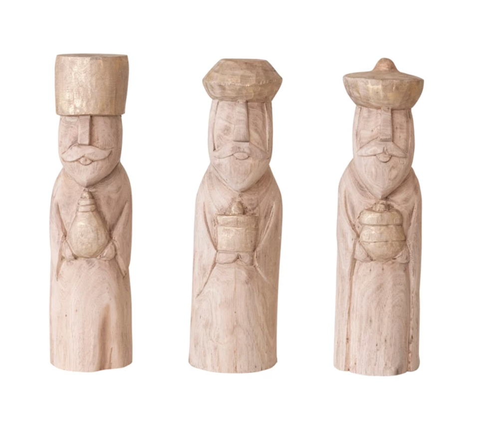 Hand-Carved Mango Wood Wise Men, Natural & Rubbed Gold Finish