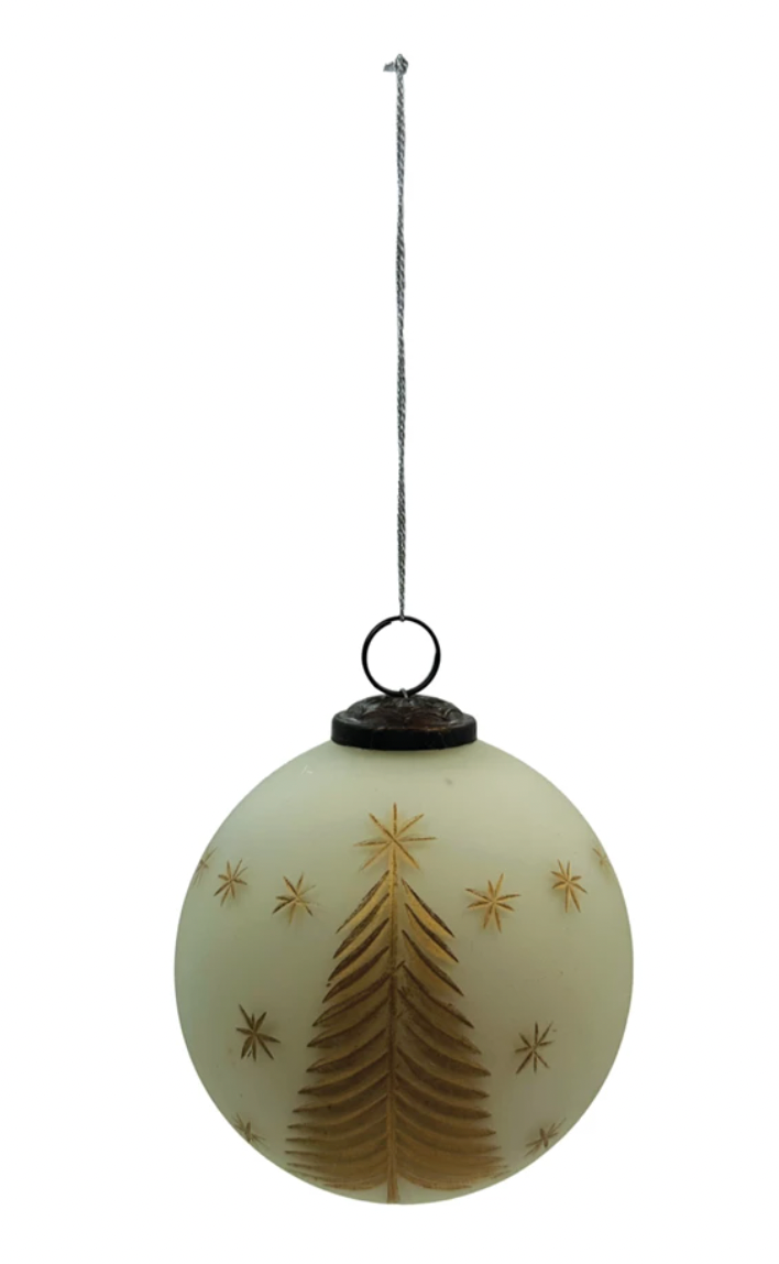 Hand-Painted Glass Ball Ornament w/ Etched Trees & Stars