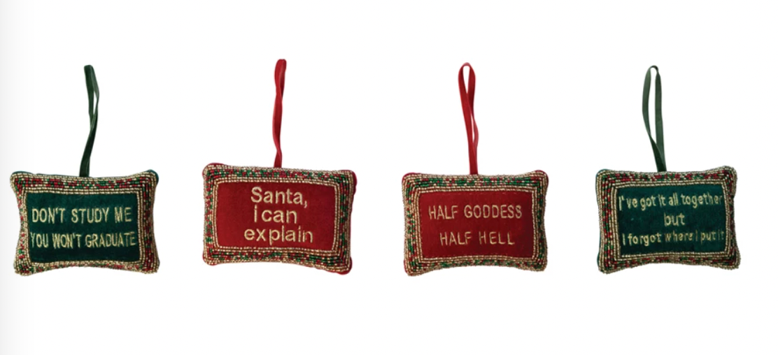 Handmade Beaded Velvet Pillow Ornament w/ Embroidery