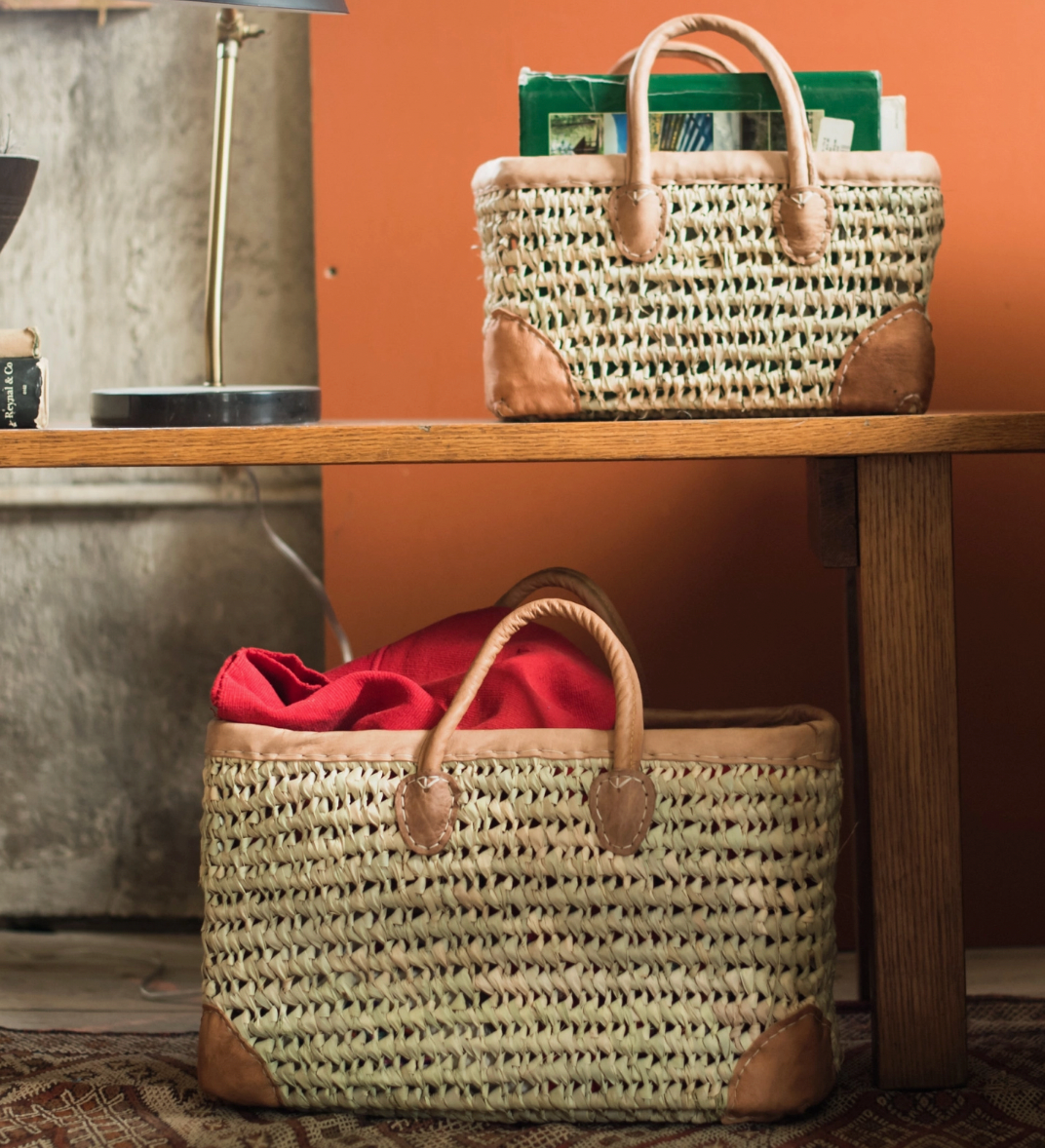 Open Weave Basket with Leather Trim