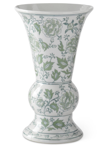 14" Green & White Floral Ceramic Vase