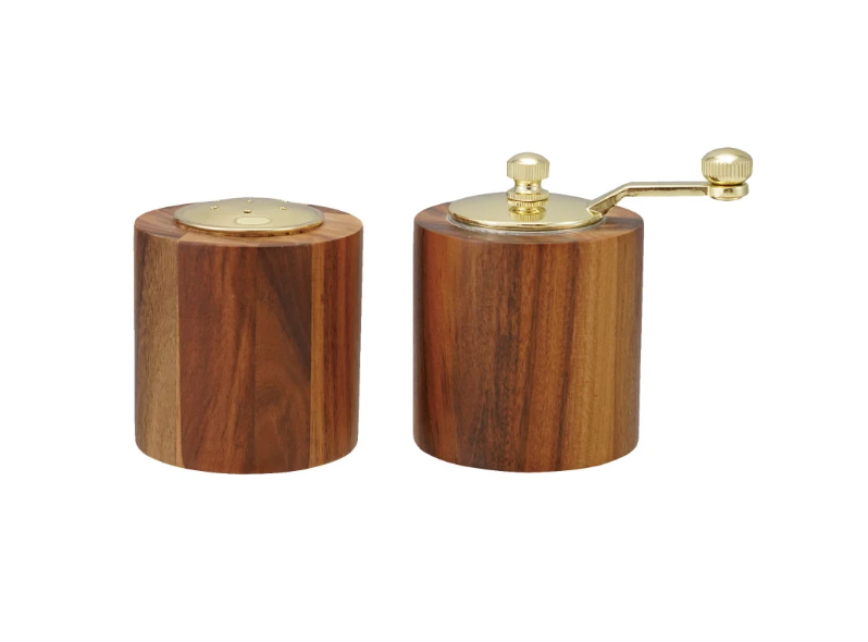 Acacia Wood Salt Shaker & Pepper Mill, Gold Finish