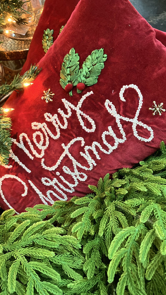 Merry Christmas Velvet Lumbar Pillow w/ Embroidery & Applique