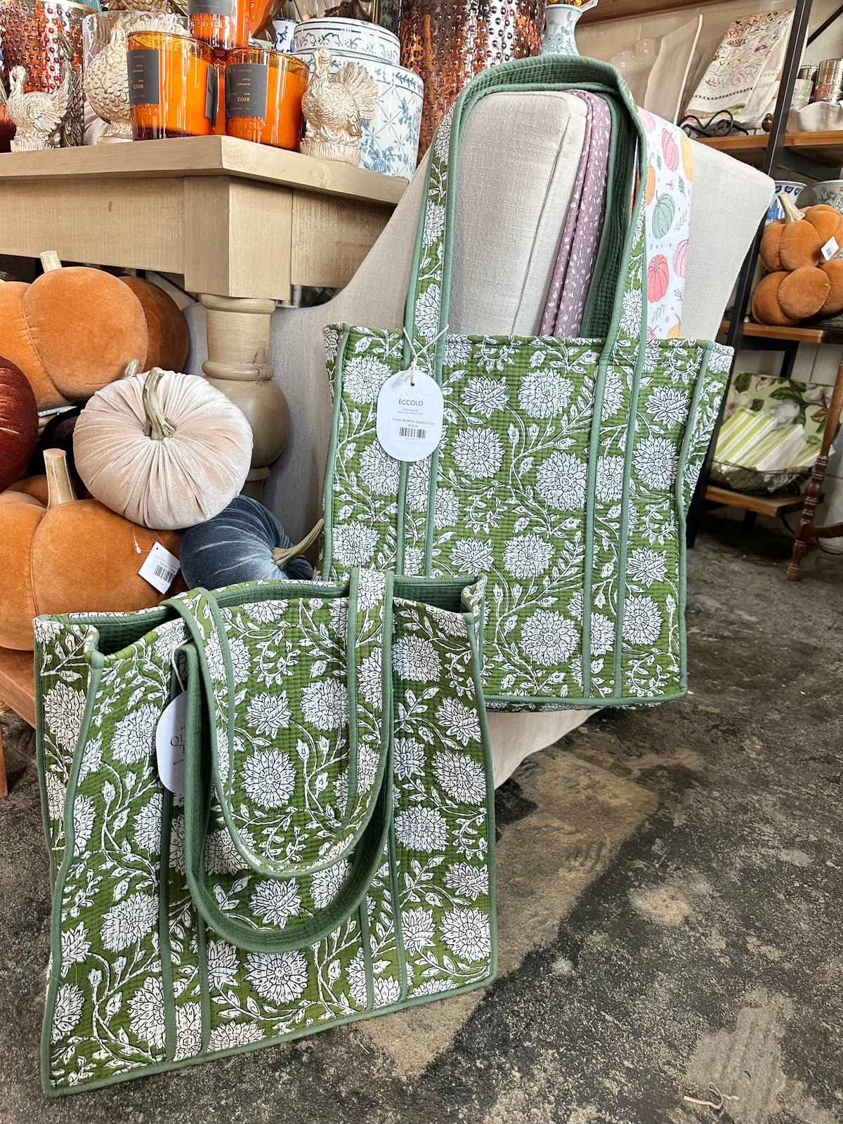 Green & White Quilted Tote
