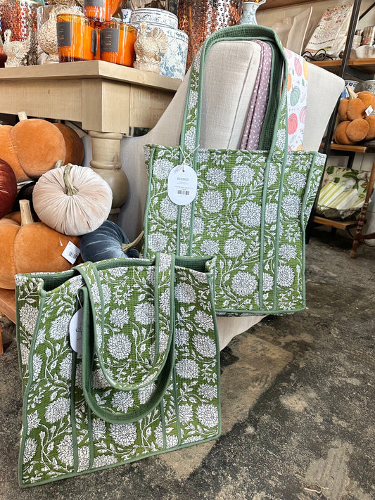 Green & White Quilted Tote