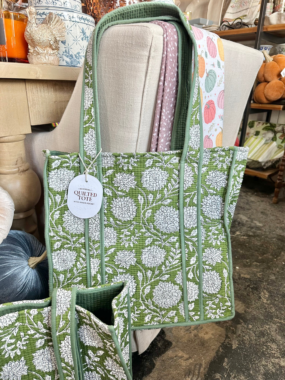 Green & White Quilted Tote