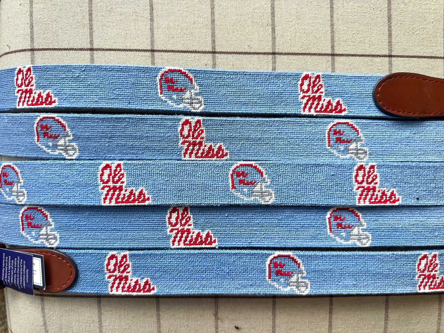 Ole Miss Script & Football Helmet Needlepoint Belt