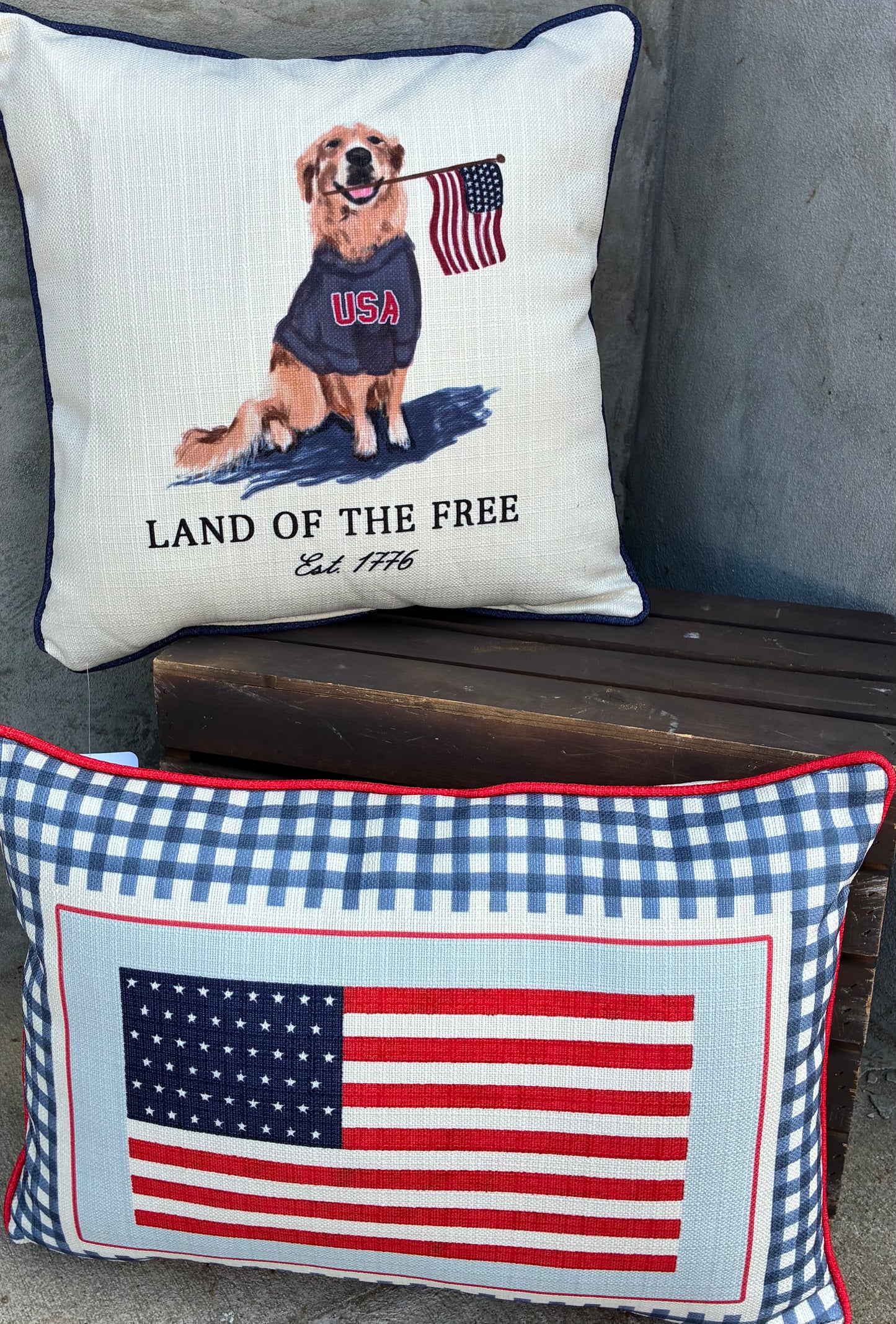 Gingham Large American Flag Pillow