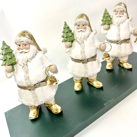 White & Gold Resin Santa w/ Tree & Bell
