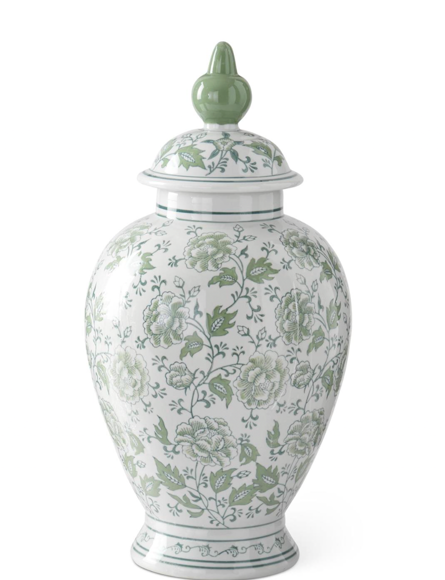 20.75" Green & White Floral Ceramic Ginger Jar