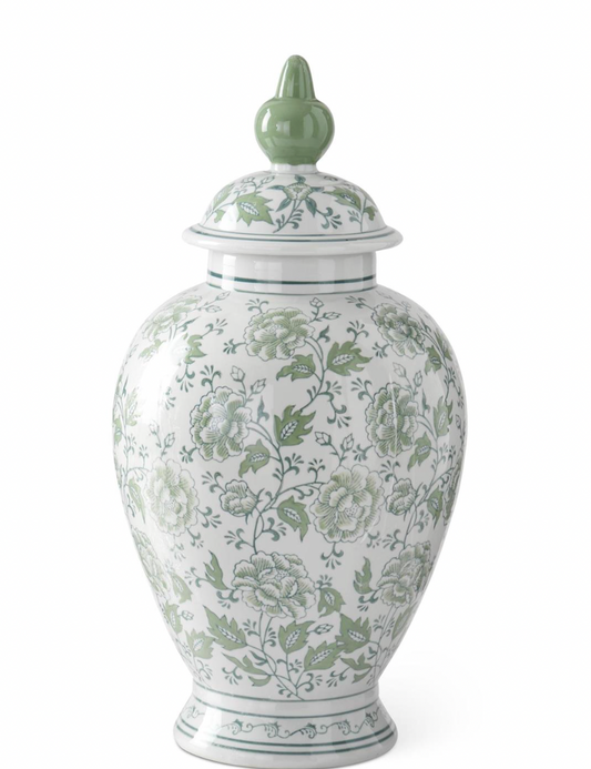 20.75" Green & White Floral Ceramic Ginger Jar