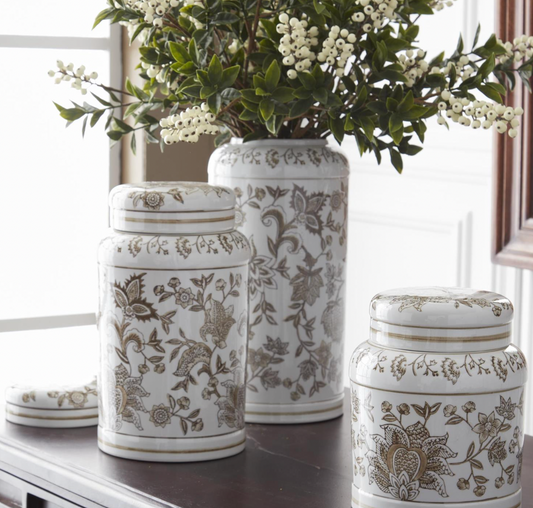 Taupe & White Porcelain Chinoiserie Lidded Jars