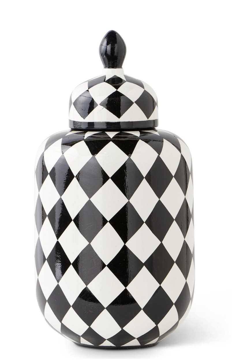 13.5" Black & White Ceramic Jar w/Lid