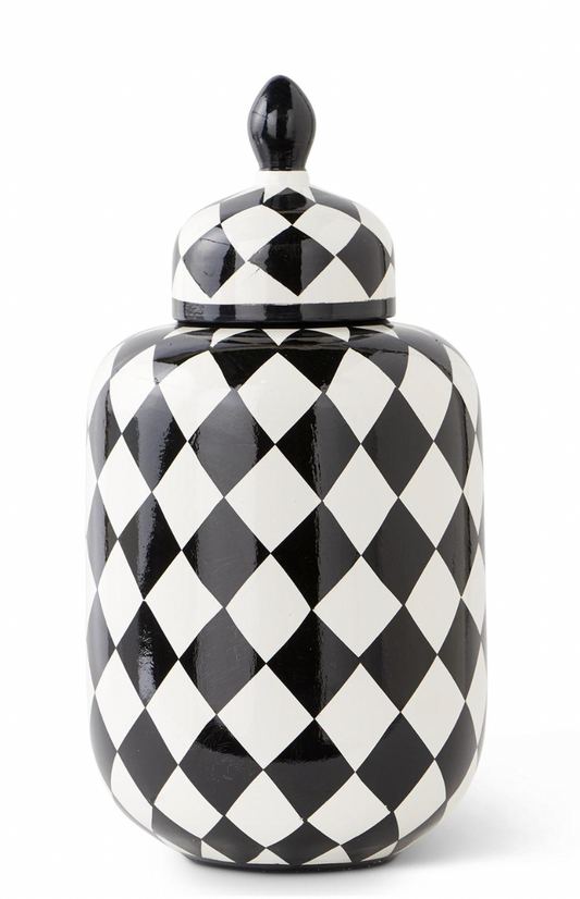 13.5" Black & White Ceramic Jar w/Lid