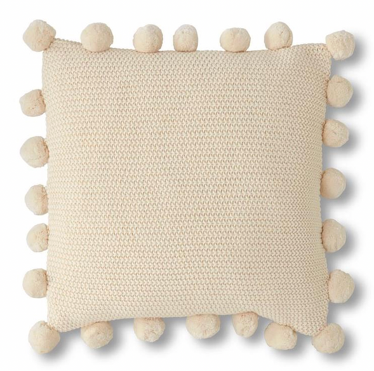 20" Cream Knit Pillow w/Pompom Trim
