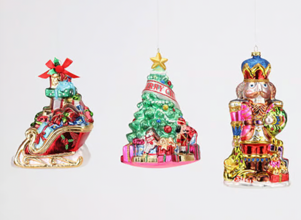 Nutcracker, Tree, and Sleigh Glass Ornament