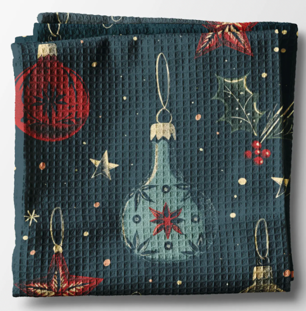 Navy Christmas Ornaments Towel Waffle Weave