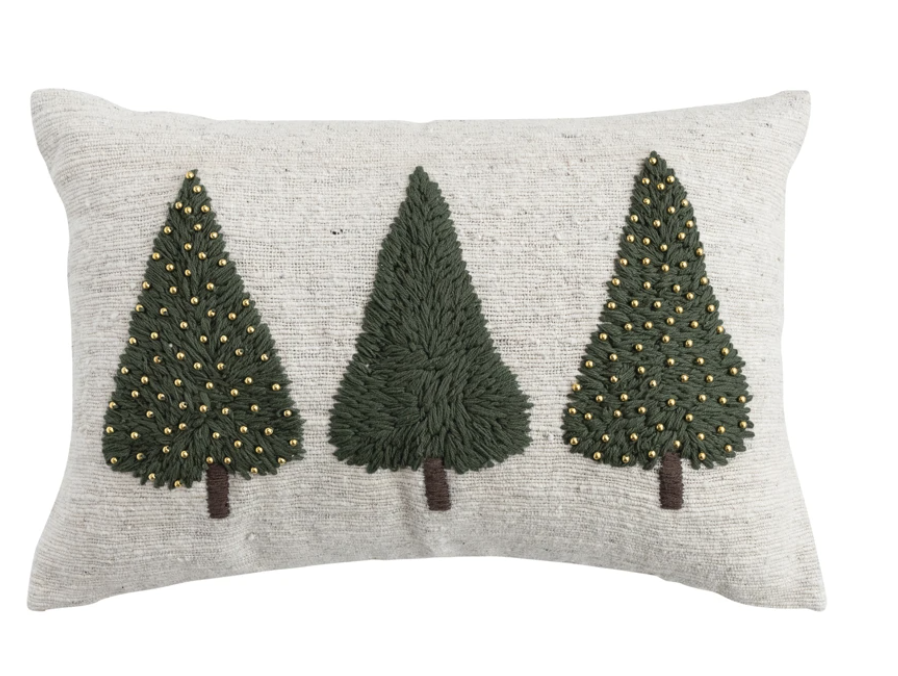 Wool Lumbar Pillow with Embroidered Trees & Beads.