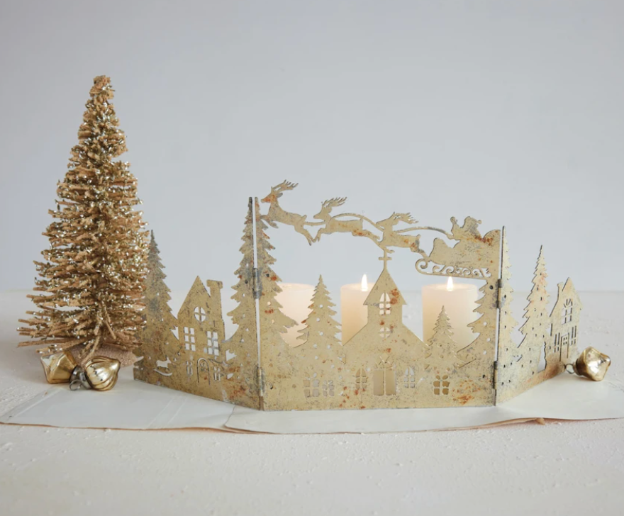 Gold Mantle Scene with Sleigh & Village