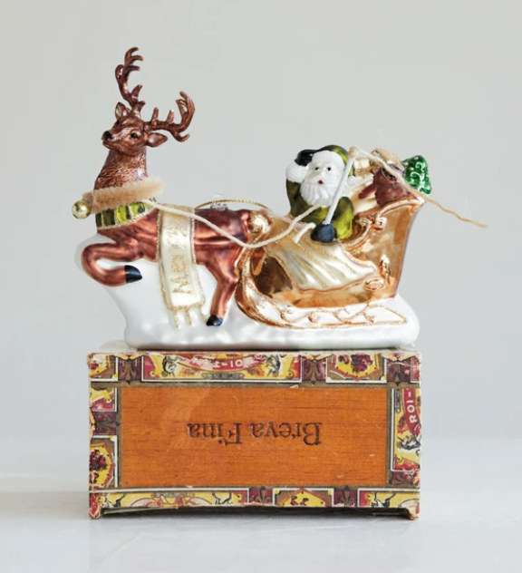Glass Santa's Sleigh & Reindeer Ornament