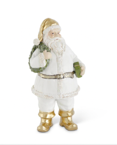 White & Gold Resin Santa w/ Wreath & Package