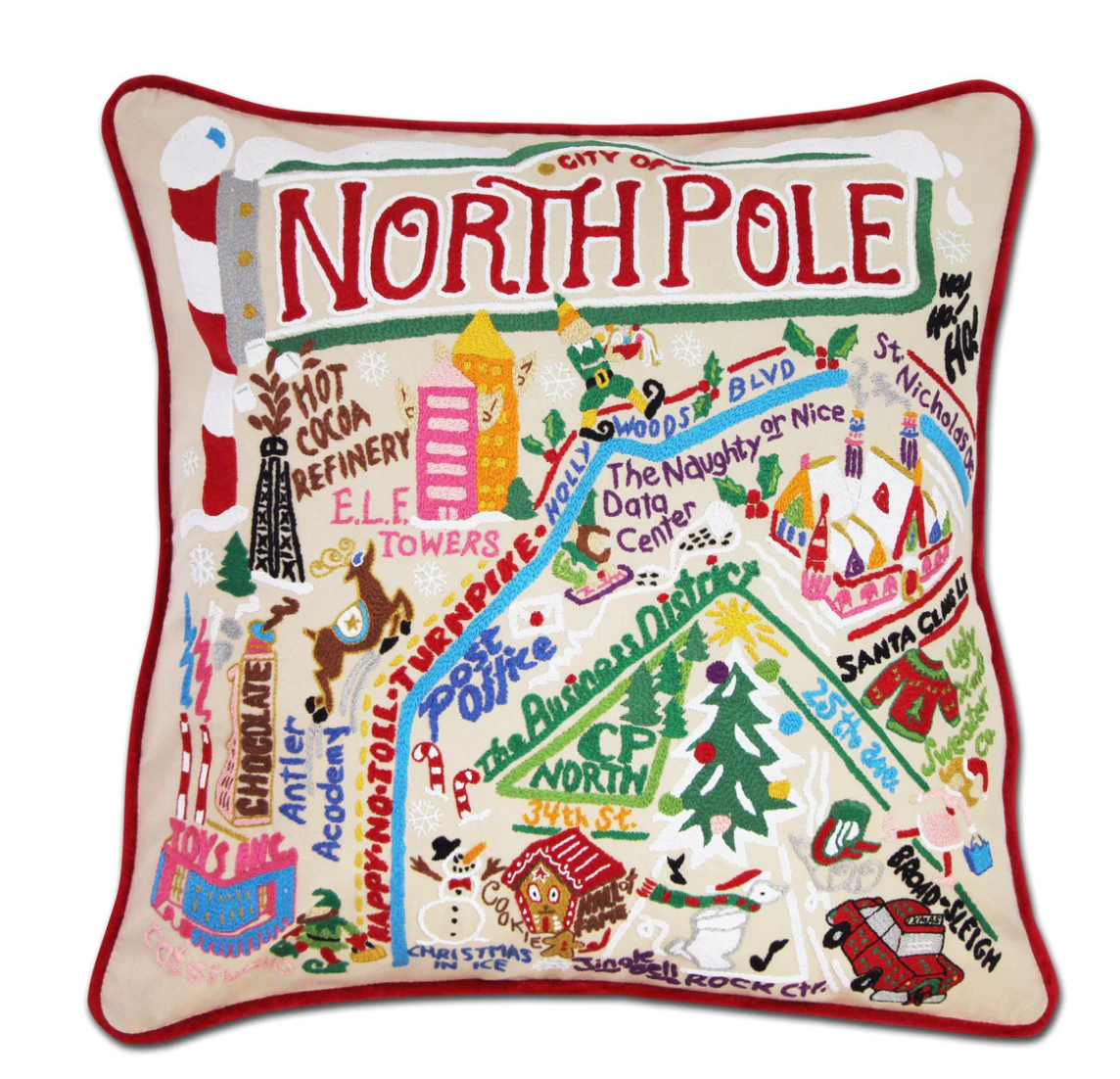 North Pole City Hand Embroidered Pillow