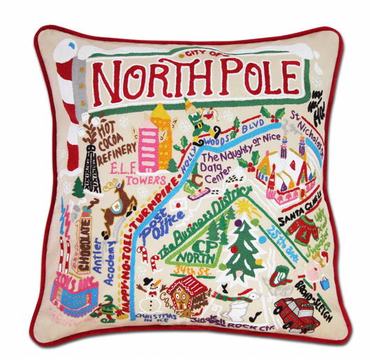 North Pole City Hand Embroidered Pillow