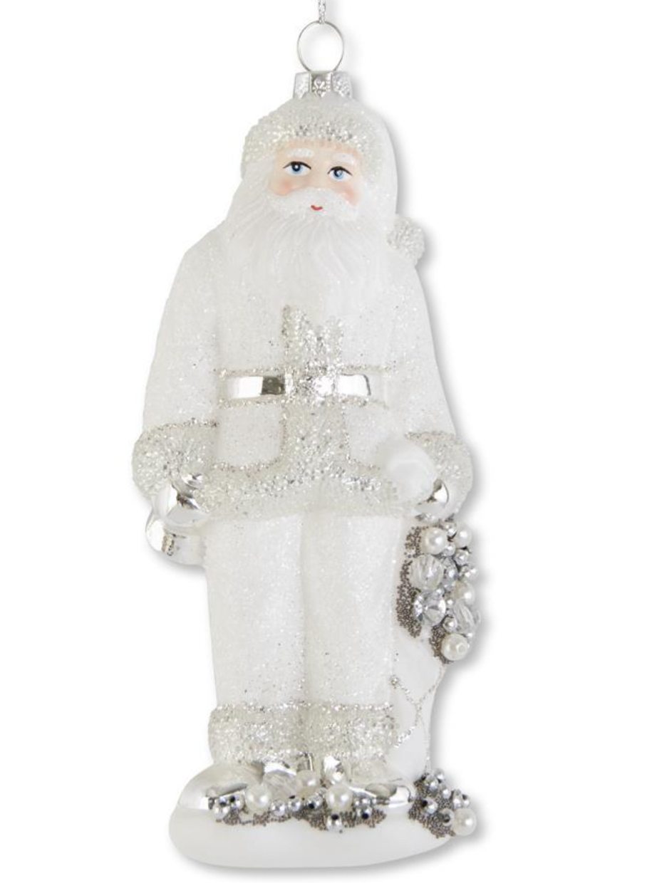 White & Silver Glass Santa Ornament