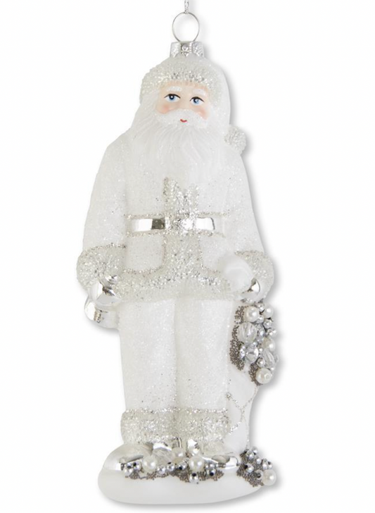 White & Silver Glass Santa Ornament