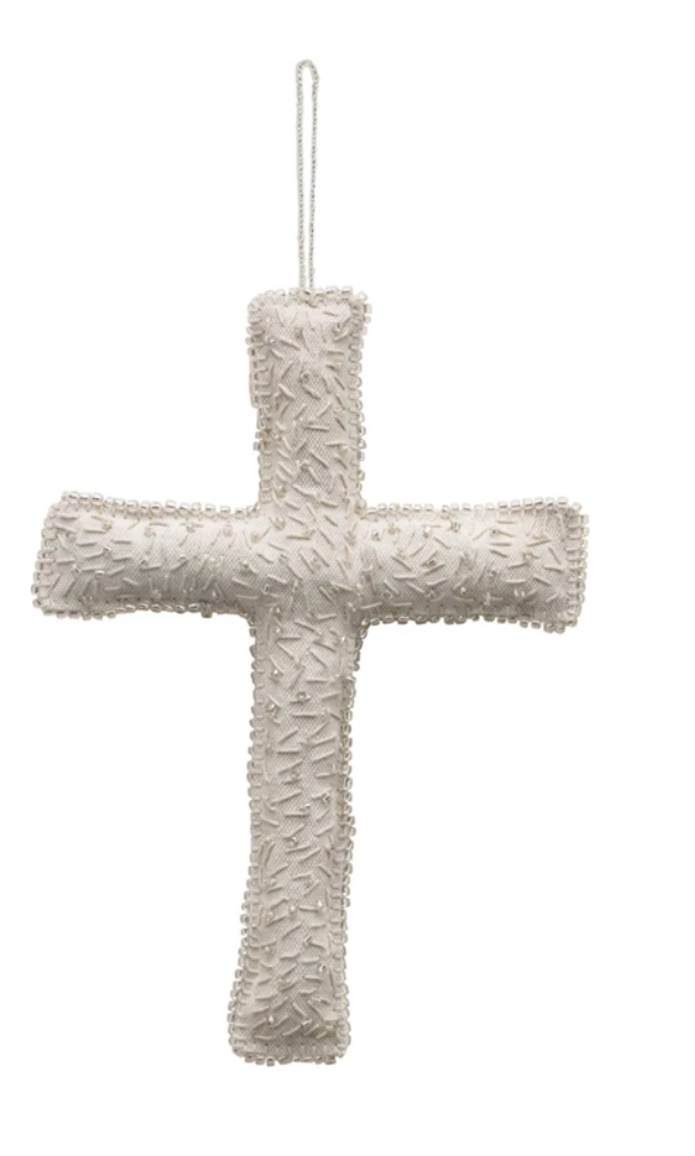 Handmade Fabric Cross Ornament w/ Glass Beads