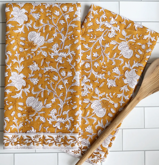 Block Printed Kitchen Towels- Pacho Saffron
