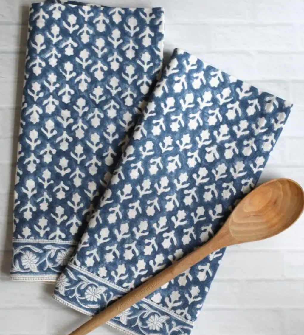 Block Printed Kitchen Towels- Charlotte Indigo