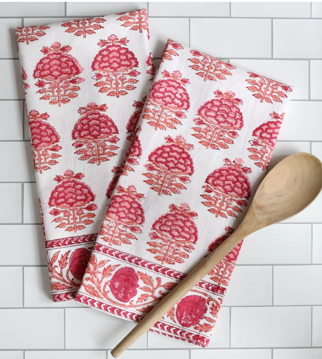 Block Printed Kitchen Towel- Pink City