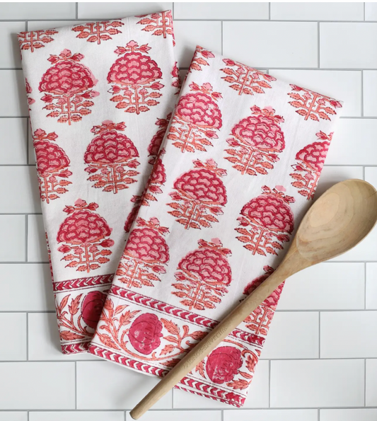 Block Printed Kitchen Towel- Pink City