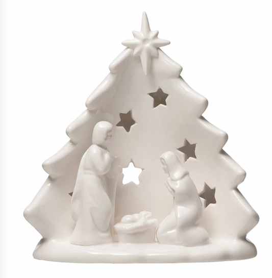 Stoneware Holy Family with Tree & Cut-Outs
