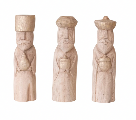 Hand-Carved Mango Wood Wise Men, Natural & Rubbed Gold Finish