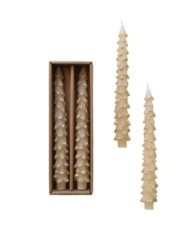 Tree Shaped Taper Candles w/ Gold Tips- Unscented