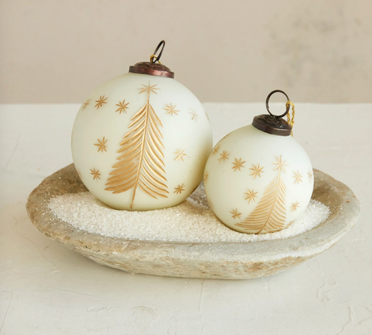 Hand-Painted Glass Ball Ornament w/ Etched Trees & Stars