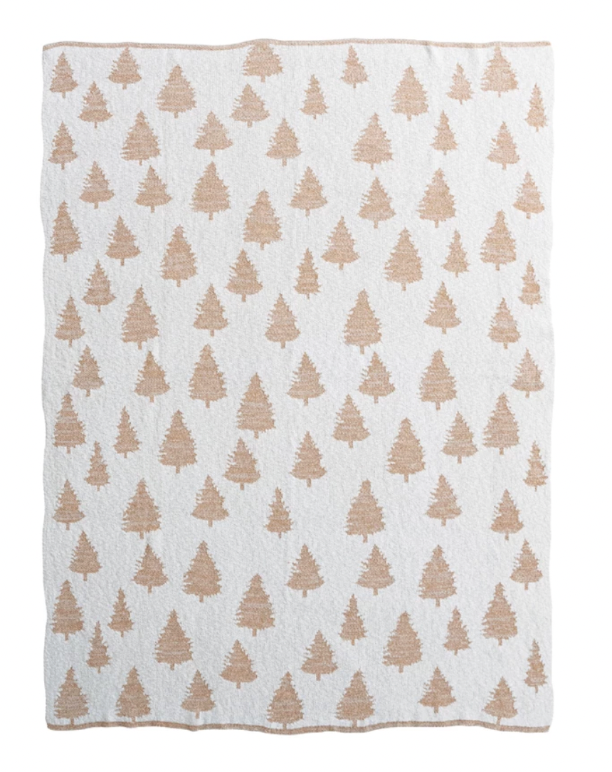 Cotton Knit Throw w/ Trees & Metallic Gold Thread