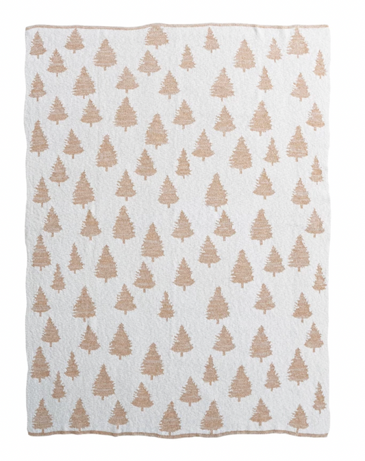 Cotton Knit Throw w/ Trees & Metallic Gold Thread