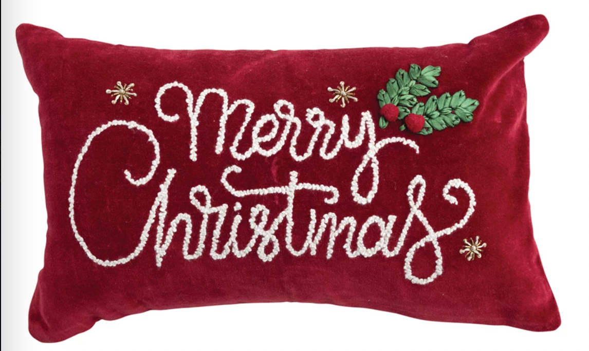 Merry Christmas Velvet Lumbar Pillow w/ Embroidery & Applique