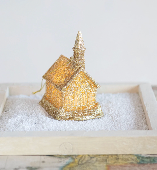 Church Ornament w/ LED Light & Glitter Gold