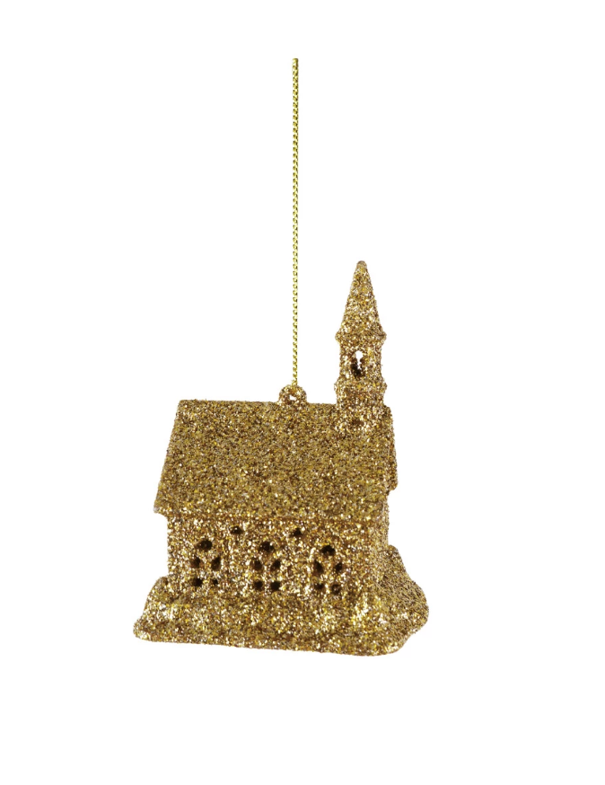 Church Ornament w/ LED Light & Glitter Gold